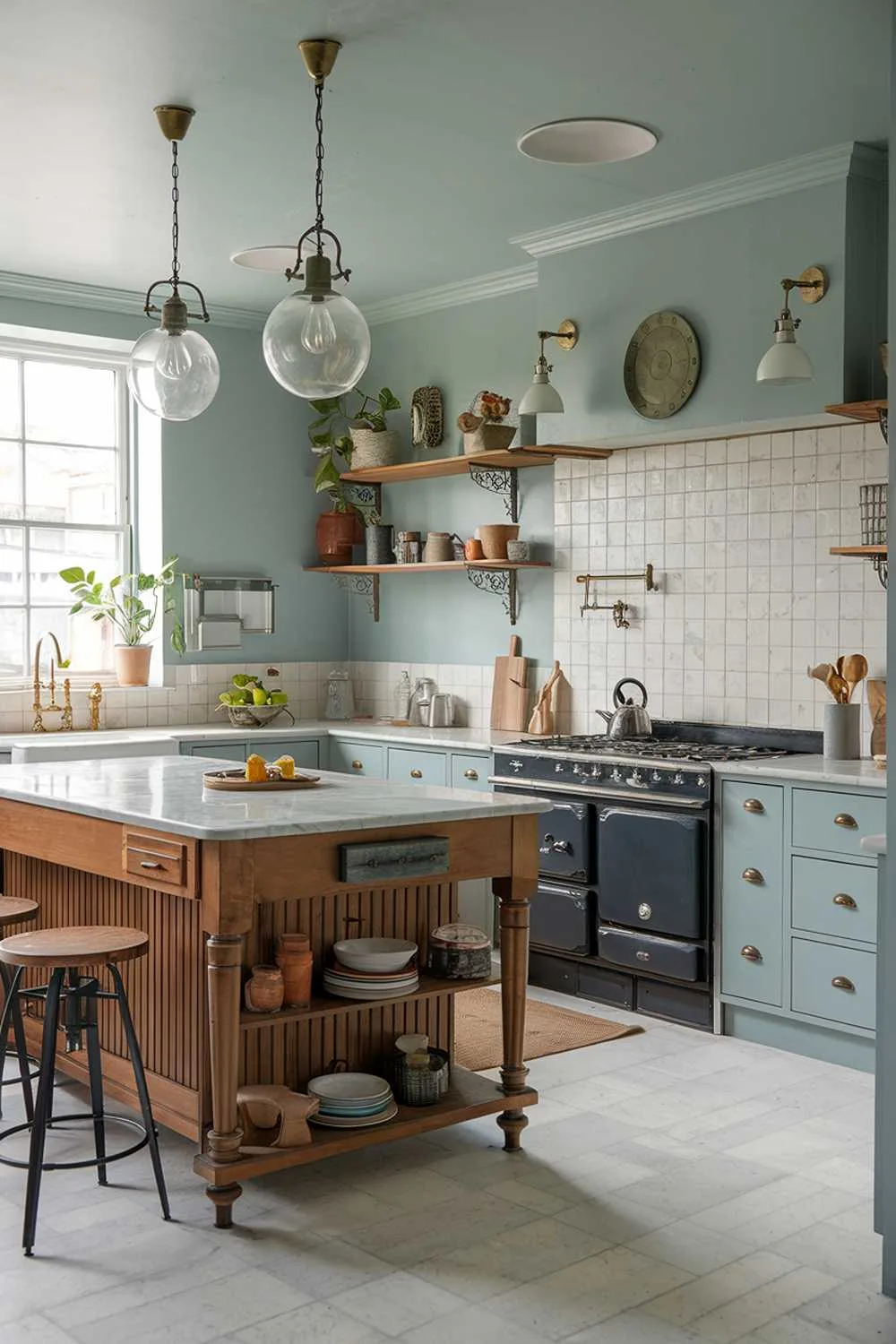 A modern vintage kitchen with a stylish decor. The kitchen has a wooden island with a marble top and a few stools. There are vintage light fixtures hanging above the island and the stove. The walls and cabinets are painted in a soft blue hue. There are potted plants and a few decorative items on the shelves. The floor is made of white tiles.