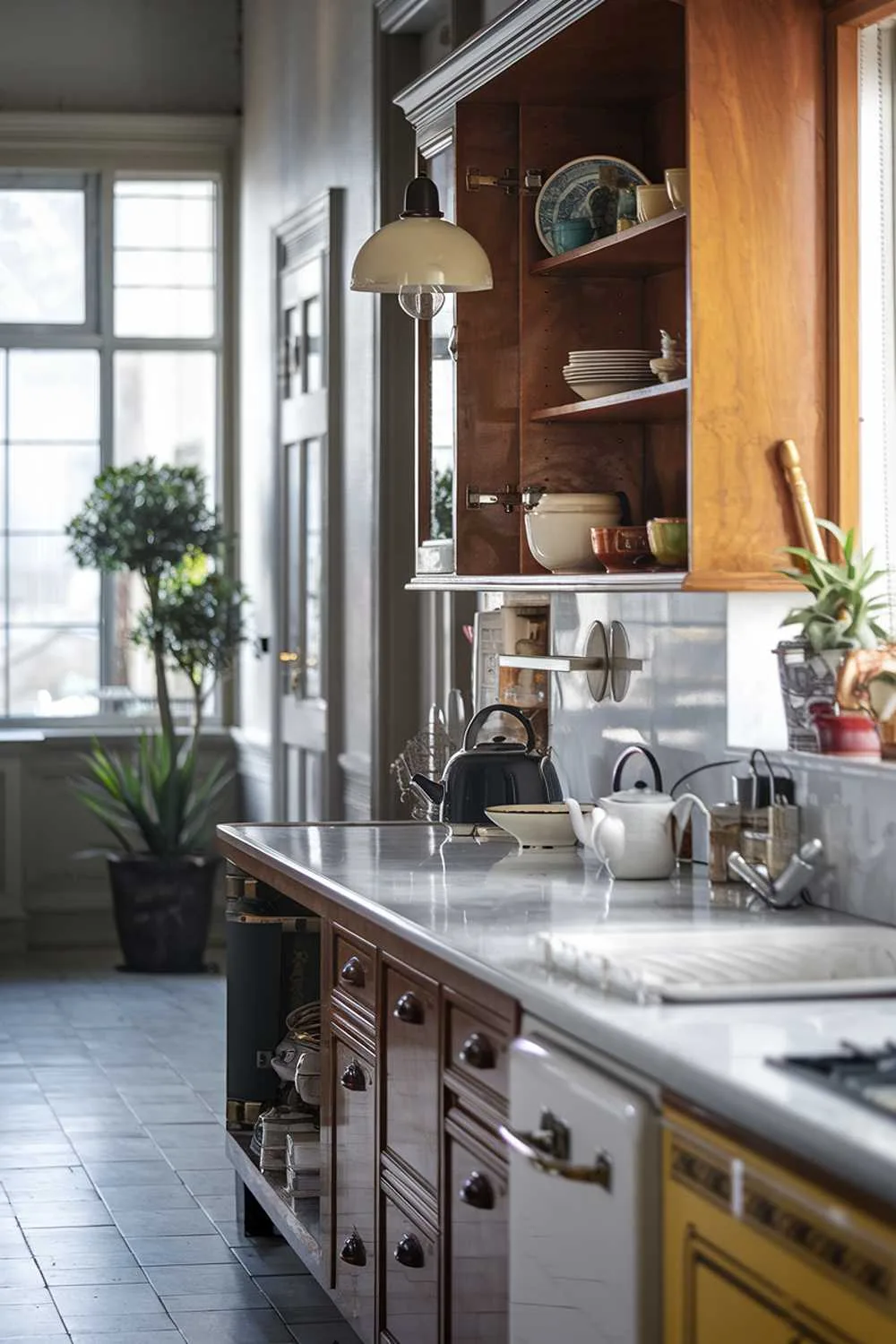 A highly detailed, stylish modern vintage kitchen. The kitchen has a white marble countertop and a wooden cabinet. The cabinet contains various kitchen items, including a teapot, a bowl, and a plate. There's a vintage light fixture hanging above the countertop. A potted plant is placed near the window. The floor is tiled. The background contains a door and a window.