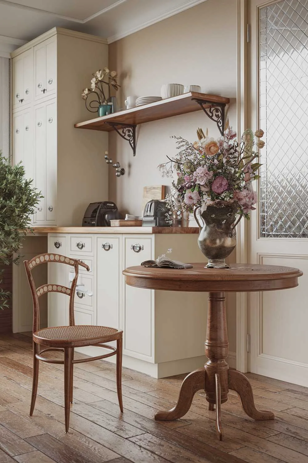 A highly detailed, stylish modern vintage kitchen decor. There's a wooden table with a vintage vase filled with flowers. There's a white cabinet with vintage knobs and a wooden shelf above the table. The floor is made of wooden planks. There's a vintage chair with a woven seat near the table. The walls are painted beige. There's a potted plant near the window. The window has a patterned glass.