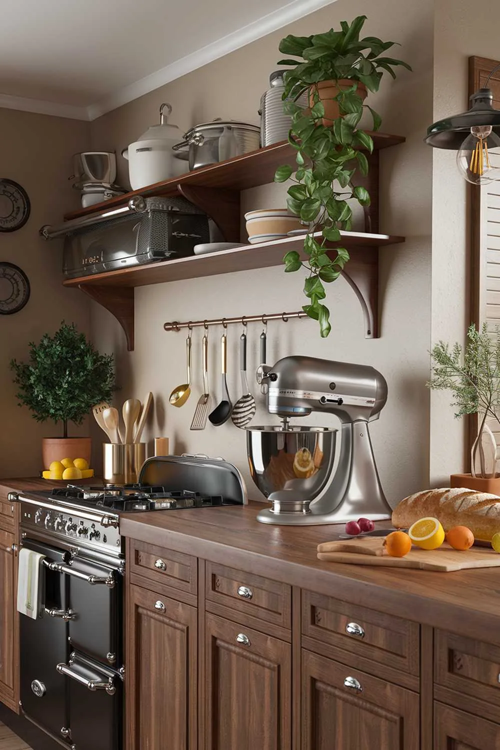 A highly detailed and stylish modern vintage kitchen decor image. The kitchen has a wooden counter and cabinets, a vintage stove, a large silver mixer, a few potted plants, and some cooking utensils. There are also a few ingredients like lemons, oranges, and a loaf of bread. The walls are painted beige, and there's a potted plant and a hanging light fixture near the counter.