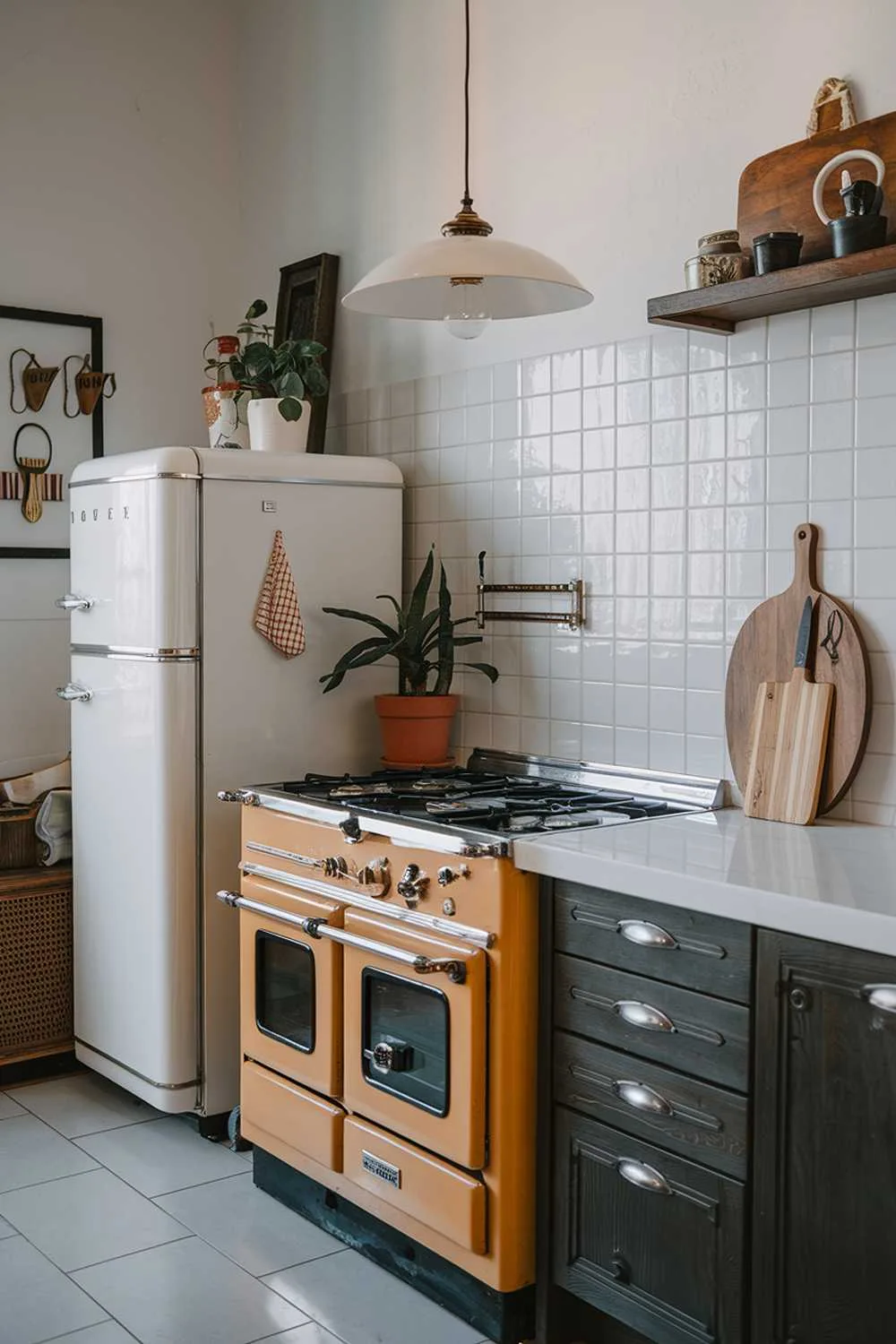 A highly detailed, stylish modern vintage kitchen decor. The kitchen has a white countertop and a dark wooden cabinet. There's a vintage stove with an orange hue. A white fridge with vintage-style handles is placed next to the stove. A pendant light hangs above the stove. A potted plant sits on the countertop. A wooden cutting board and a knife are placed near the plant. The floor is tiled. The wall has a few items hanging.