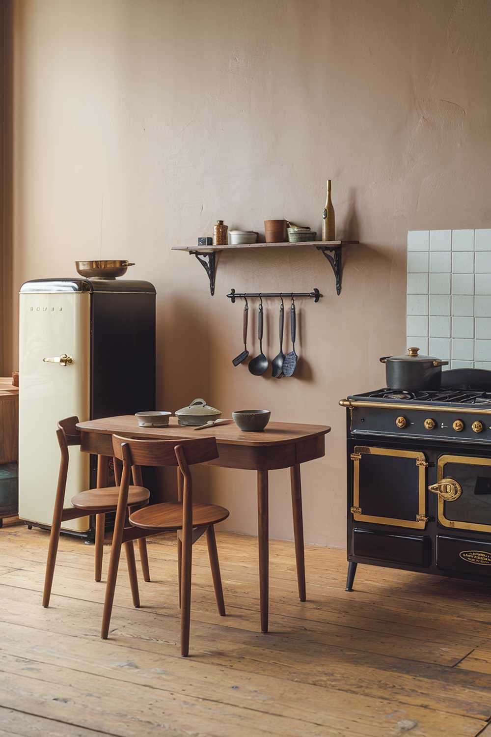 A modern vintage kitchen with a stylish decor. The kitchen has a wooden floor and beige walls. There is a vintage wooden table with two chairs in the middle of the room. On the wall, there is a shelf with a few items, and a few hooks. There is a vintage stove with four burners and an oven. The stove has a black body and brass details. There is a vintage refrigerator with a brass handle. The refrigerator has a black body and a white door. There are a few items on the counter, including a cooking pot, a wooden spoon, a dish, and a bowl.