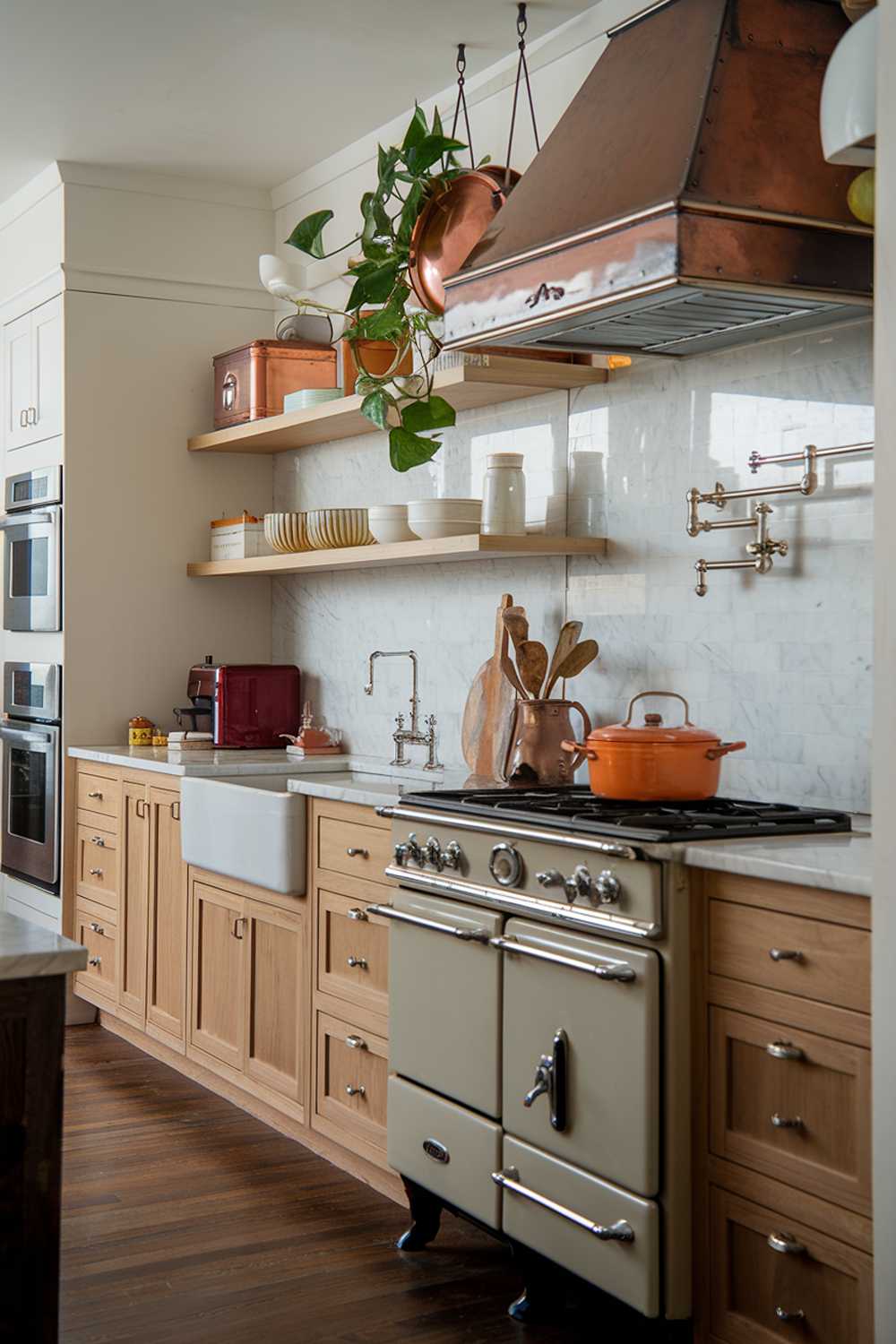 A modern vintage kitchen with a stylish decor. The kitchen has a mix of new and old appliances. There are wooden cabinets, a ceramic sink, and a vintage stove. A copper pot hangs above the stove. The countertop is made of marble. A potted plant adds a touch of greenery. The floor is made of dark wood.