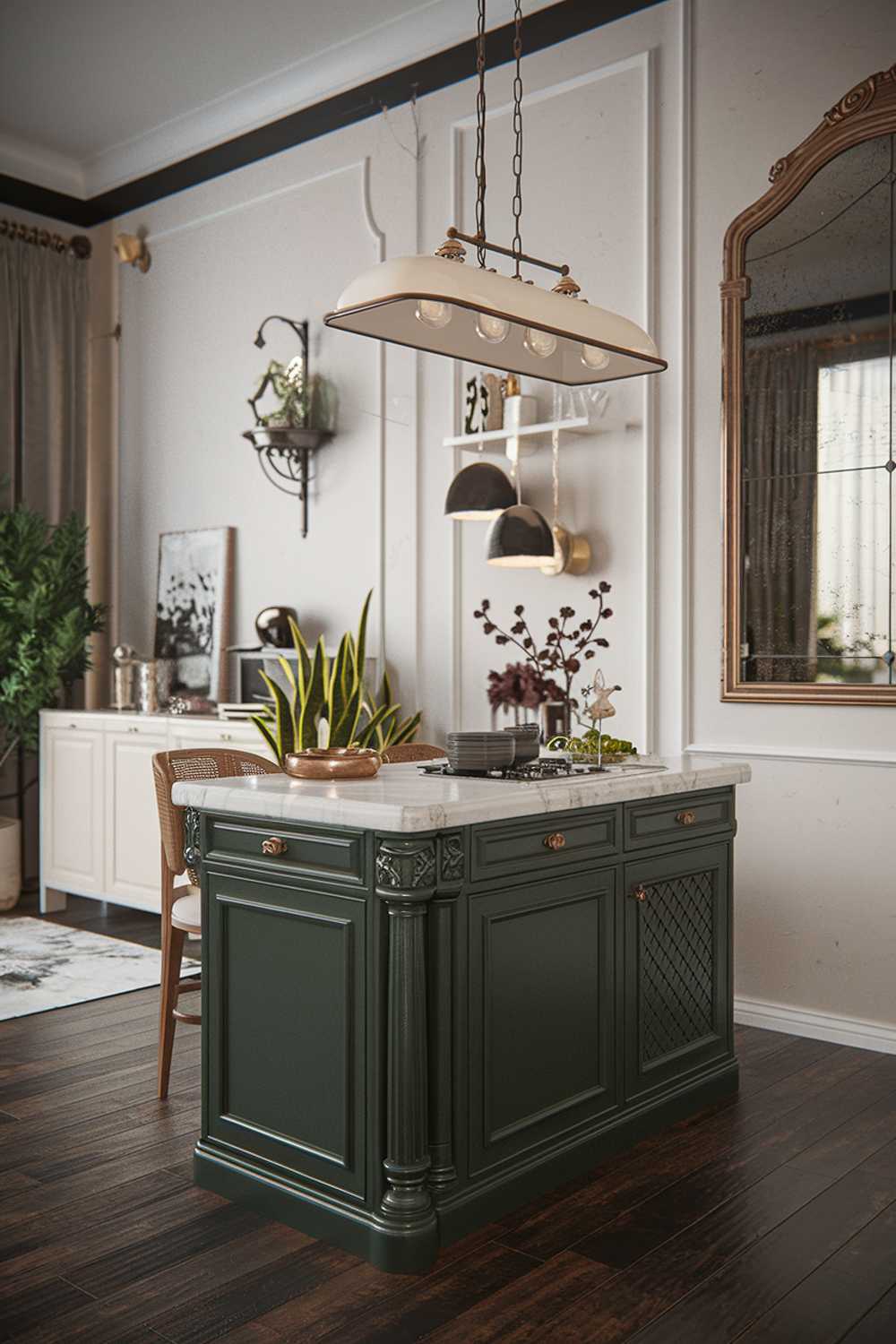 A highly detailed, stylish modern vintage kitchen decor. There's a white kitchen island with a marble top and a dark green base. There's a vintage light fixture hanging above the island. On the wall, there's a large mirror and a few decorative items. The floor is made of dark wood. There's a white cabinet near the wall and a few potted plants near the island. The background has a window with a curtain.