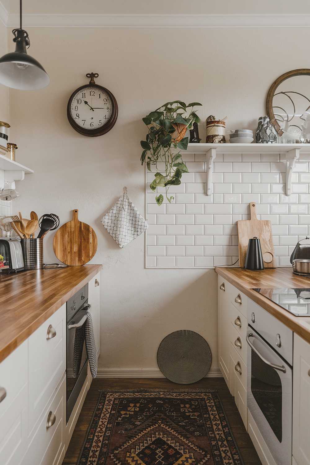 A modern vintage kitchen decor. The kitchen has a wooden countertop and a white backsplash. There are various cooking utensils on the countertop. There's a vintage wall clock, a potted plant, and a few decorative items on the wall. The floor is covered with a patterned rug.