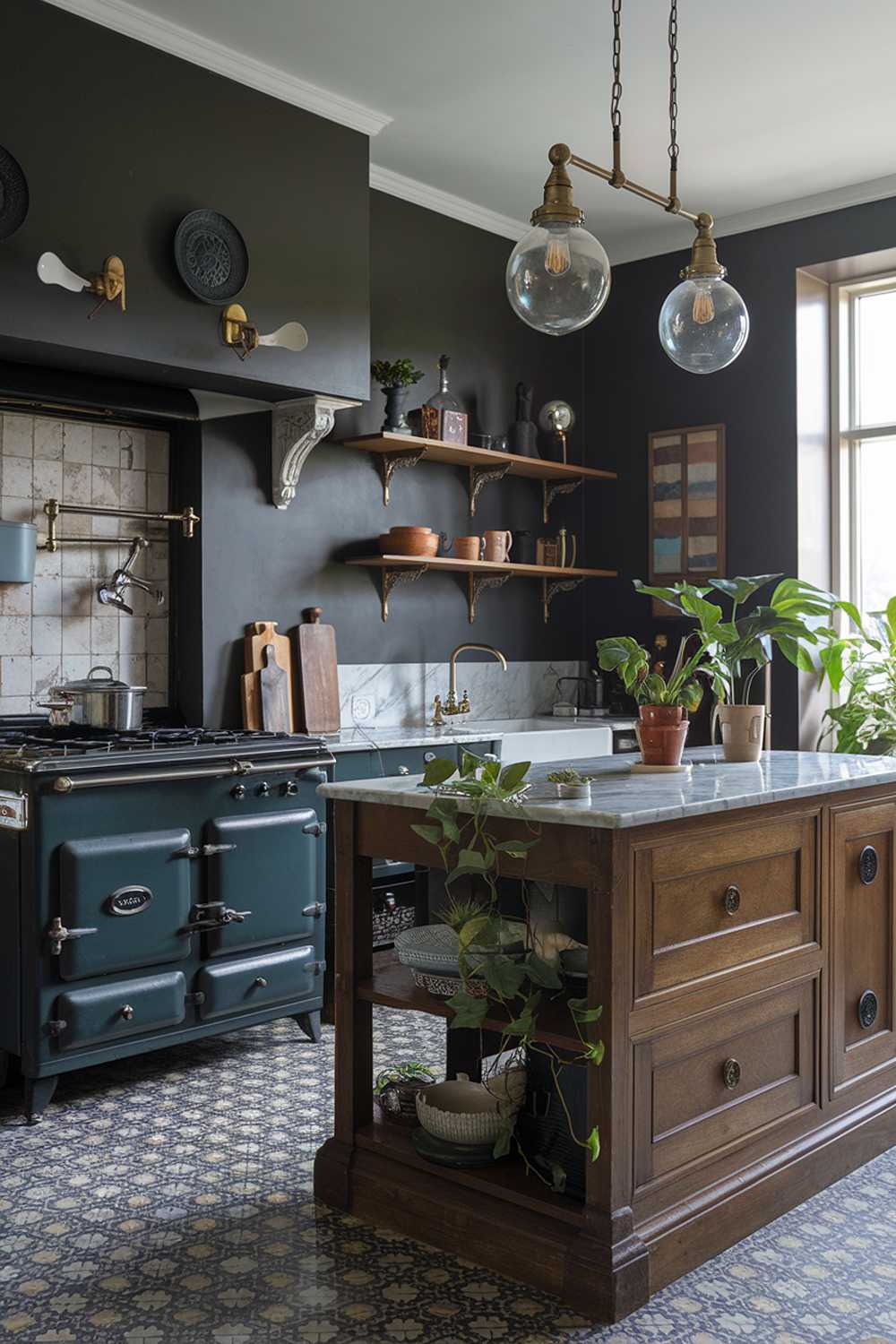 A modern vintage kitchen decor with a stylish and elegant touch. The kitchen has a dark wall paint and features a vintage stove, light fixtures, and a kitchen island made of wood. The island has a marble top and a few plants. The walls have a few shelves with decorative items. The floor has a patterned tile.