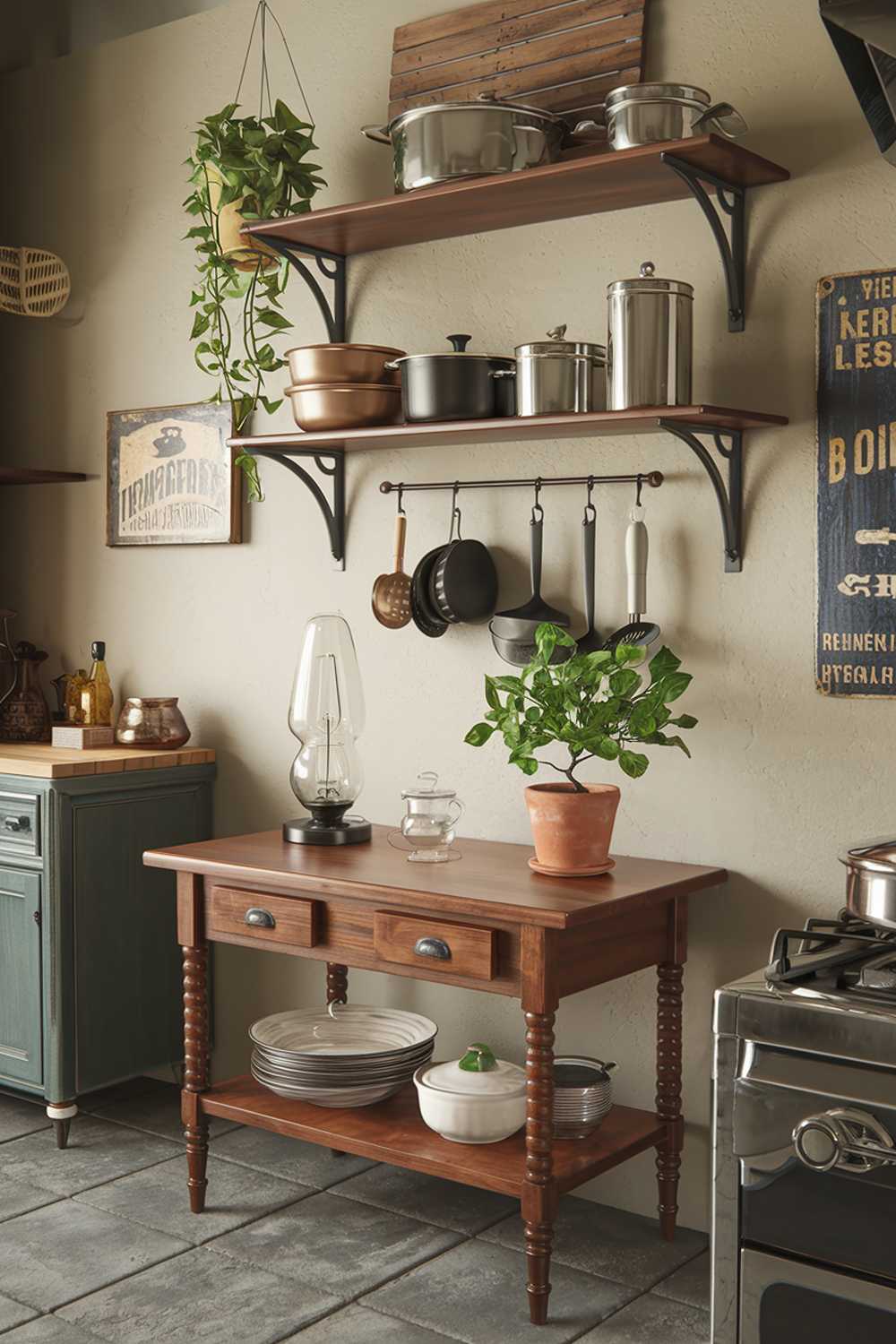 A modern vintage kitchen decor. There is a wooden table with a vintage lamp and a potted plant. There are wooden shelves above the table, holding a variety of pots, pans, and utensils. The walls are painted beige and have a few decorative items, including a vintage sign and a hanging plant. The floor is made of grey tiles.