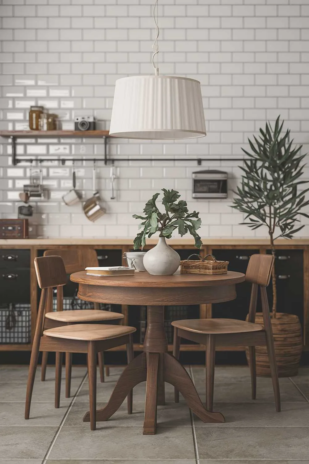 A highly detailed stylish modern vintage kitchen decor. There is a wooden table in the center with a white lampshade. There are also a few chairs, a potted plant, and a basket. The background has a white subway tile wall with a few hooks and a floating shelf. The shelf holds a few items, including a vintage camera. The floor is made of large grey tiles.