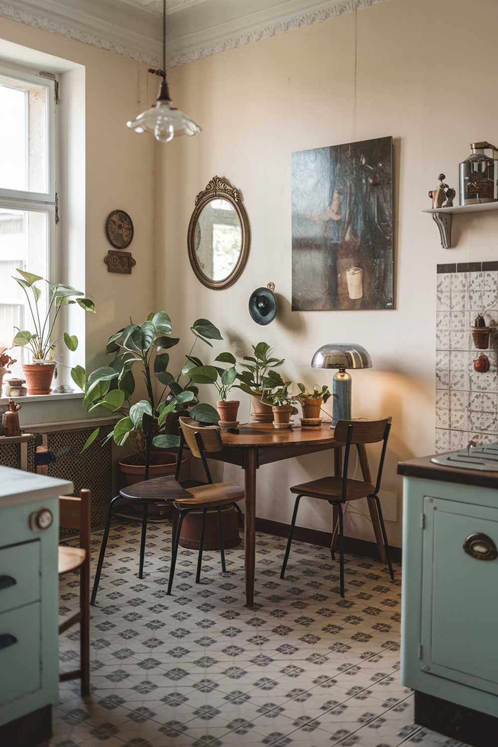 A modern vintage kitchen with a stylish decor. There is a wooden table in the middle of the room with a few chairs. There are several potted plants and a lamp on the table. The walls are adorned with vintage items such as a mirror, a painting, and a few decorative pieces. The floor has a patterned tile design.