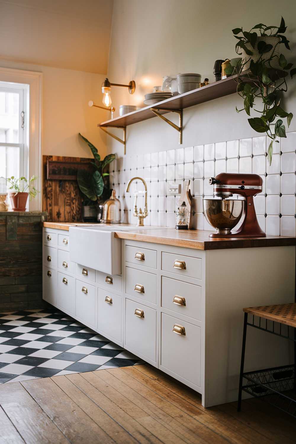 A modern vintage kitchen with a stylish decor. The kitchen has a wooden floor, white cabinets with brass hardware, and a black and white checkered floor tile. There is a vintage mixer with a wooden base on the counter. A potted plant adds a touch of greenery. The lighting is warm and inviting.