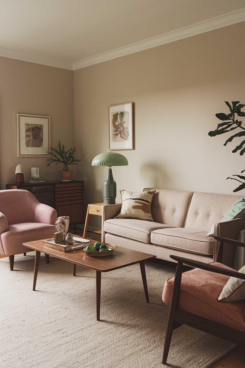 A cozy modern vintage living room with a few pieces of furniture. There is a beige sofa with a few pillows and a wooden coffee table in the center of the room. A vintage-style lamp with a green shade is placed on the table. There are also a pink armchair and a wooden side table with a decorative item. The walls are painted beige, and there are a few decorative items, such as a framed picture and a plant. The floor is covered with a beige rug.