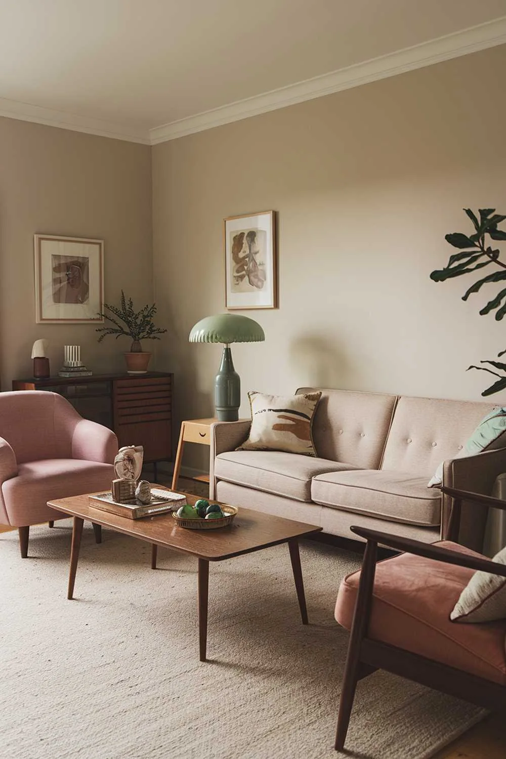 21 Modern Vintage Living Room Ideas: Classic Meets New 1 A cozy modern vintage living room with a few pieces of furniture. There is a beige sofa with a few pillows and a wooden coffee table in the center of the room. A vintage-style lamp with a green shade is placed on the table. There are also a pink armchair and a wooden side table with a decorative item. The walls are painted beige, and there are a few decorative items, such as a framed picture and a plant. The floor is covered with a beige rug.
