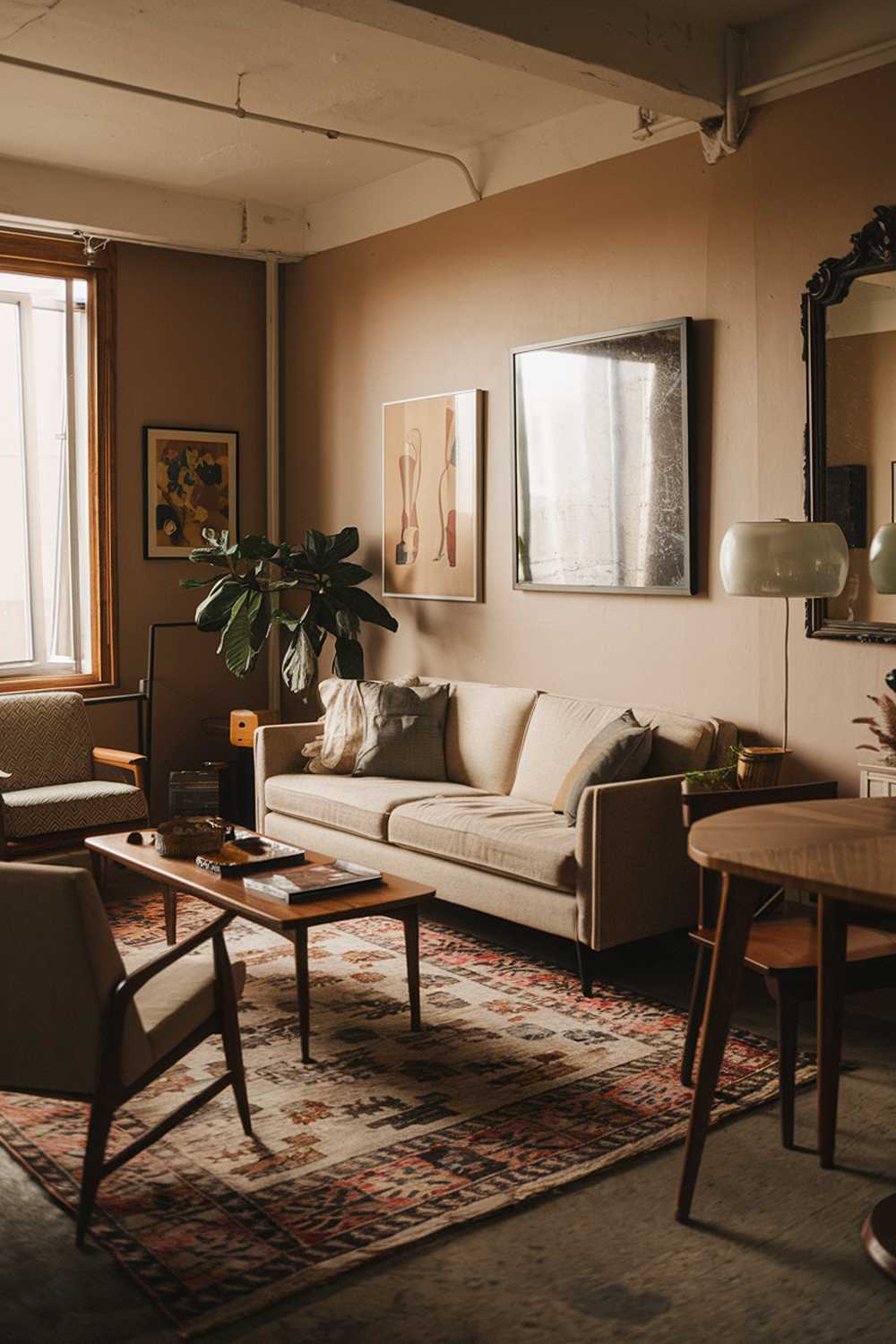 A cozy modern vintage living room with a beige sofa, a patterned rug, and a wooden table. There are also a few chairs, a lamp, and a plant. The walls are adorned with a few pieces of art and a mirror. The room has a warm ambiance with soft lighting.