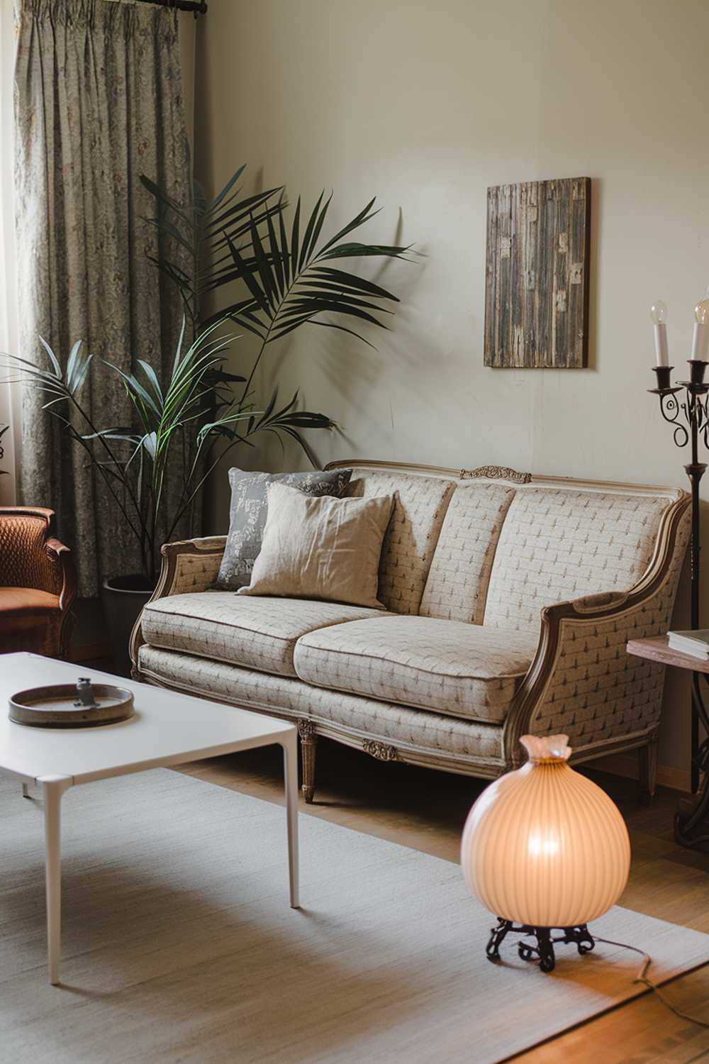 A cozy modern vintage living room decor. There's a beige sofa with a vintage pattern and a few throw pillows. A white coffee table sits in front of the sofa. A vintage wooden chair is placed near the sofa. A vintage lampshade is placed on the floor. A potted plant adds a touch of greenery. The walls are painted in a light color.