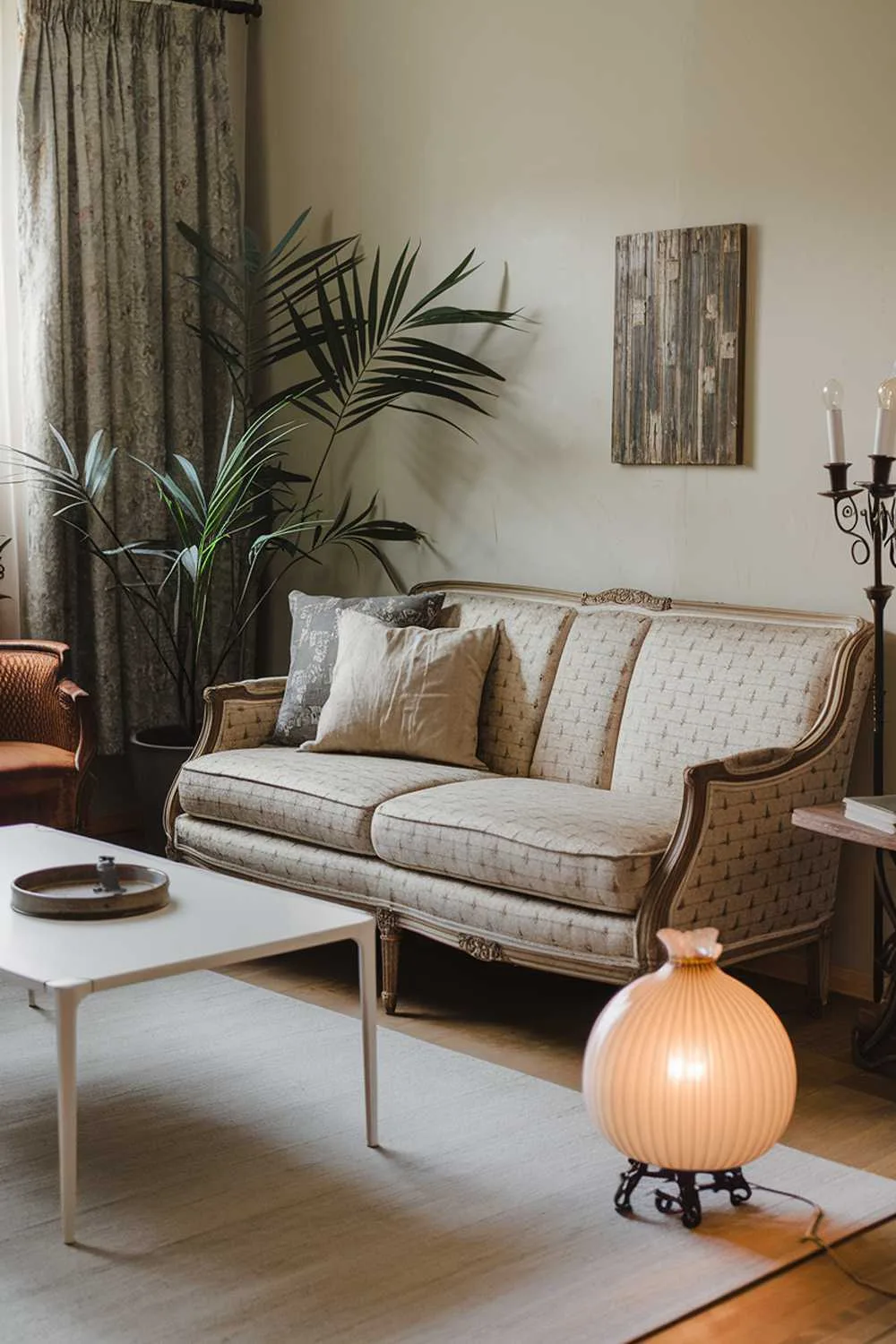 21 Modern Vintage Living Room Ideas: Classic Meets New 3 A cozy modern vintage living room decor. There's a beige sofa with a vintage pattern and a few throw pillows. A white coffee table sits in front of the sofa. A vintage wooden chair is placed near the sofa. A vintage lampshade is placed on the floor. A potted plant adds a touch of greenery. The walls are painted in a light color.