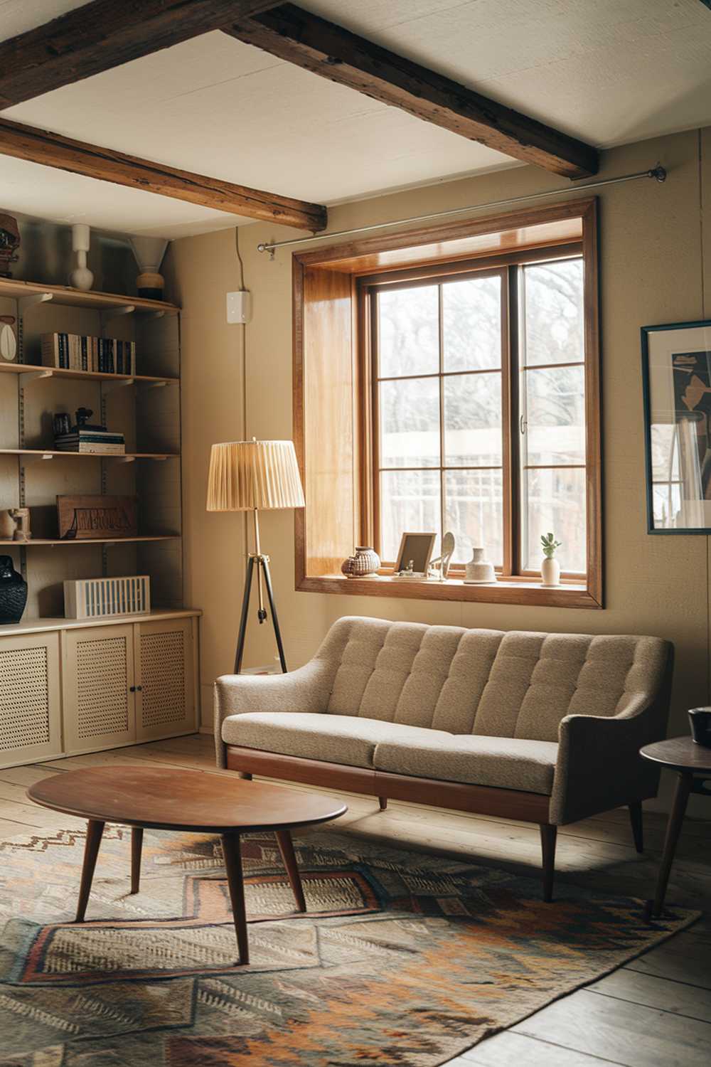 A modern vintage living room decor. The room has a rustic wooden beam ceiling, beige walls, and a large window with a wooden frame. There's a mid-century modern sofa with a beige fabric and wooden legs. The sofa is placed near a wooden coffee table with a round shape. The room also has a vintage rug with a geometric pattern, a lamp with a beige shade, and a bookshelf with books and decor items.
