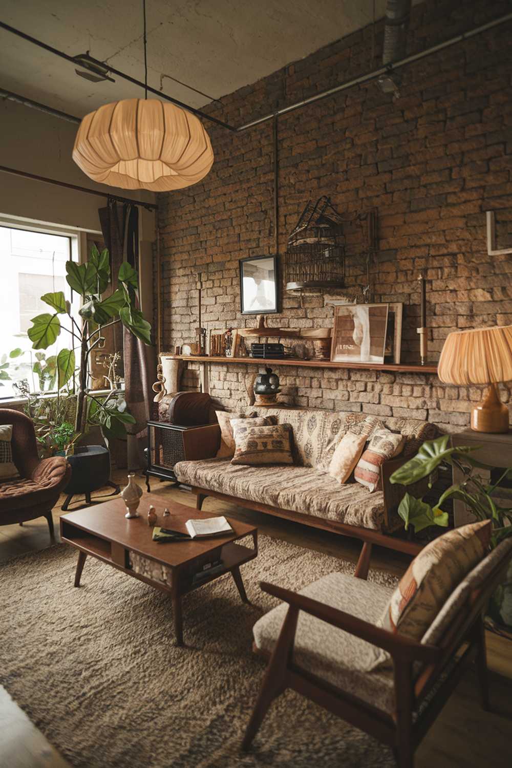 A modern vintage living room decor. The room has a rustic brick wall, a plush rug, a beige sofa with patterned cushions, a wooden coffee table, and a green plant. There are also a few vintage items, such as a lampshade, a vase, and a photo frame. The room has a warm lighting.