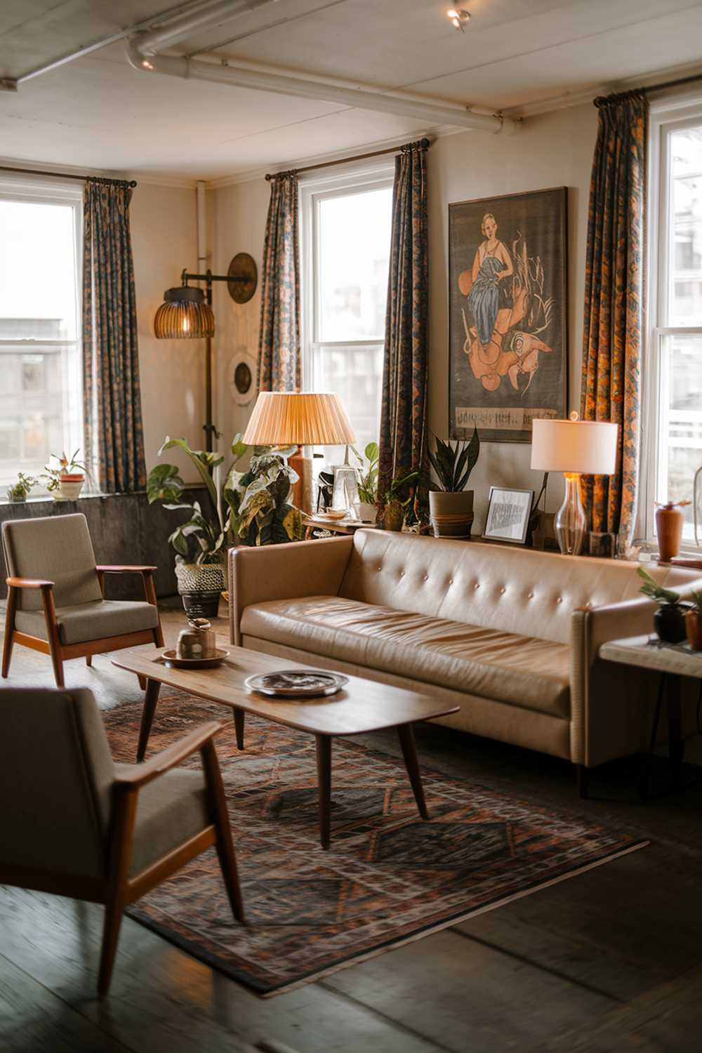 A modern vintage living room with a beige sofa and a few chairs. There's a wooden coffee table in the middle. The room has a patterned rug and a few plants. The walls are adorned with vintage artwork and a lamp. The room has a warm ambiance.