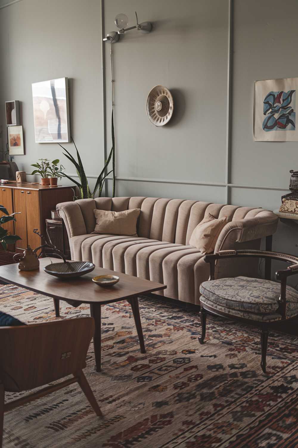 A modern vintage living room. There's a plush beige sofa with a few pillows in the center of the room. There's a vintage chair with a patterned cushion next to the sofa. There's a wooden coffee table in the middle of the room. A few items, including a decorative bowl and a plant, are placed on the table. The walls are painted a soft gray and have a few pieces of art hung on them. A patterned rug covers the floor.