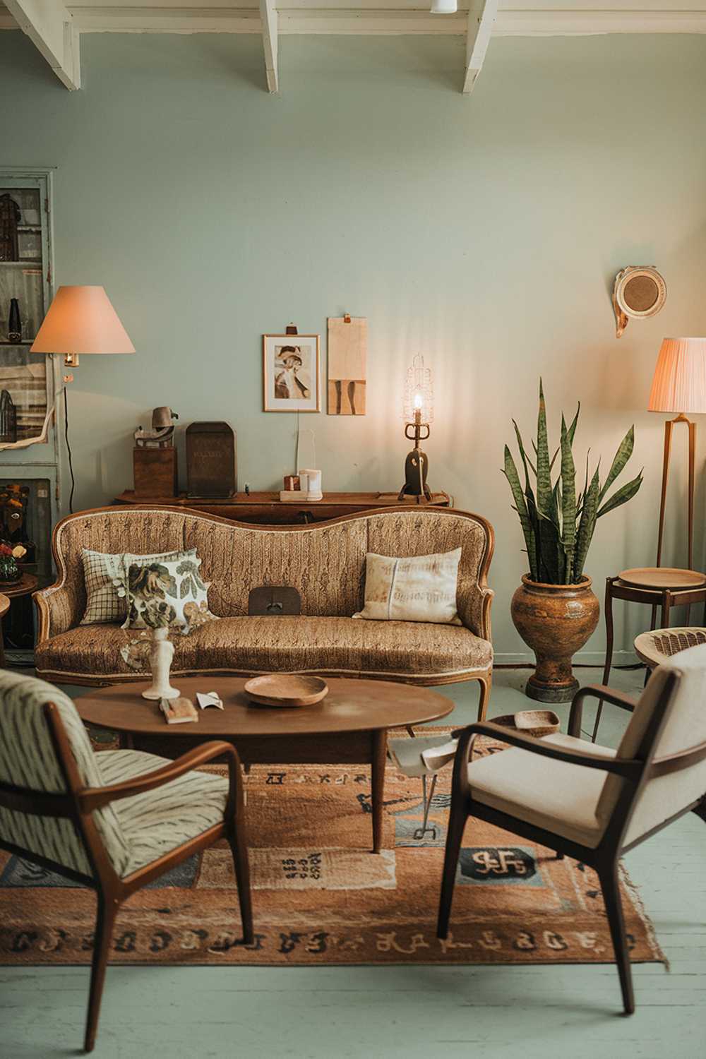 A cozy modern vintage living room with a warm color palette. There's a vintage sofa with a patterned fabric, a few chairs, a coffee table, and a side table. There's also a vintage lamp and a plant. The walls are painted in a light blue hue. The floor is covered with a rug. There are a few throw pillows on the sofa and a plant in a ceramic pot. The room has a few personal items, such as a photo frame and a wooden box.