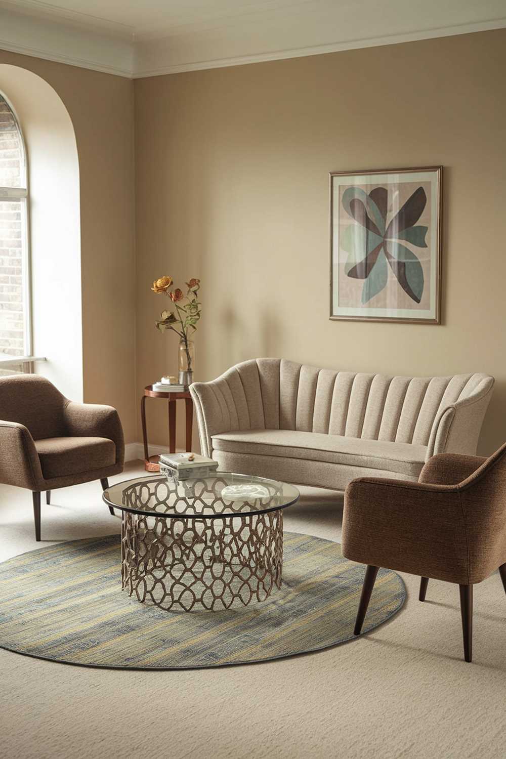 A modern vintage living room decor. The room has a beige carpet and a beige sofa with curved lines and wooden legs. There are two brown armchairs with a vintage design. A glass coffee table with a geometric pattern is placed in front of the sofa. A round rug with a blue and yellow pattern is placed under the coffee table. The walls are painted in a soft beige color.