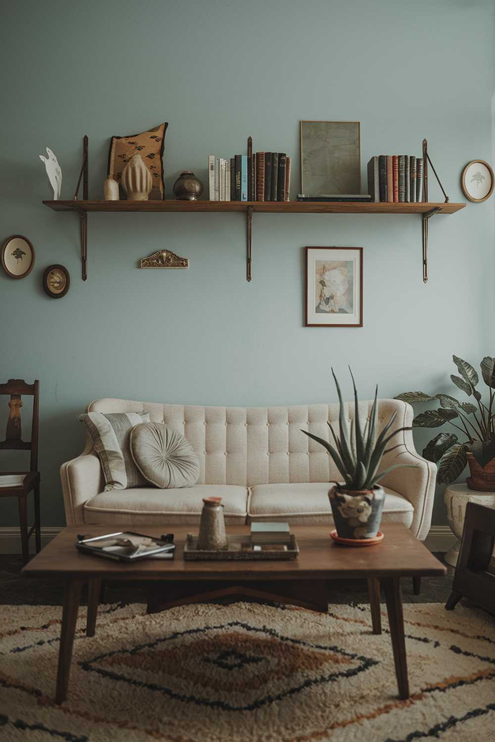 A modern vintage living room decor. There is a beige sofa with a few cushions, a wooden coffee table with a few items, and a plant in a ceramic pot. The walls are painted in a soft blue hue. There's a vintage chair near the sofa and a rug on the floor. A wooden shelf above the sofa holds some books and decorative items.