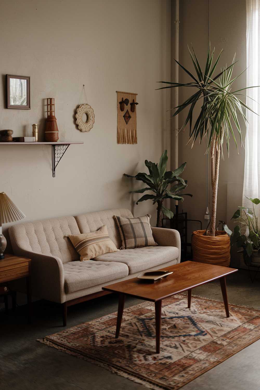 A vintage-modern living room decor. There's a beige sofa with a few throw pillows and a wooden coffee table in the middle of the room. Near the coffee table, there's a tall, potted plant. On the left wall, there's a shelf with a few decorative items, including a lamp. The room has a rug on the floor. The walls have a few hanging items, including a picture frame and a decorative object.