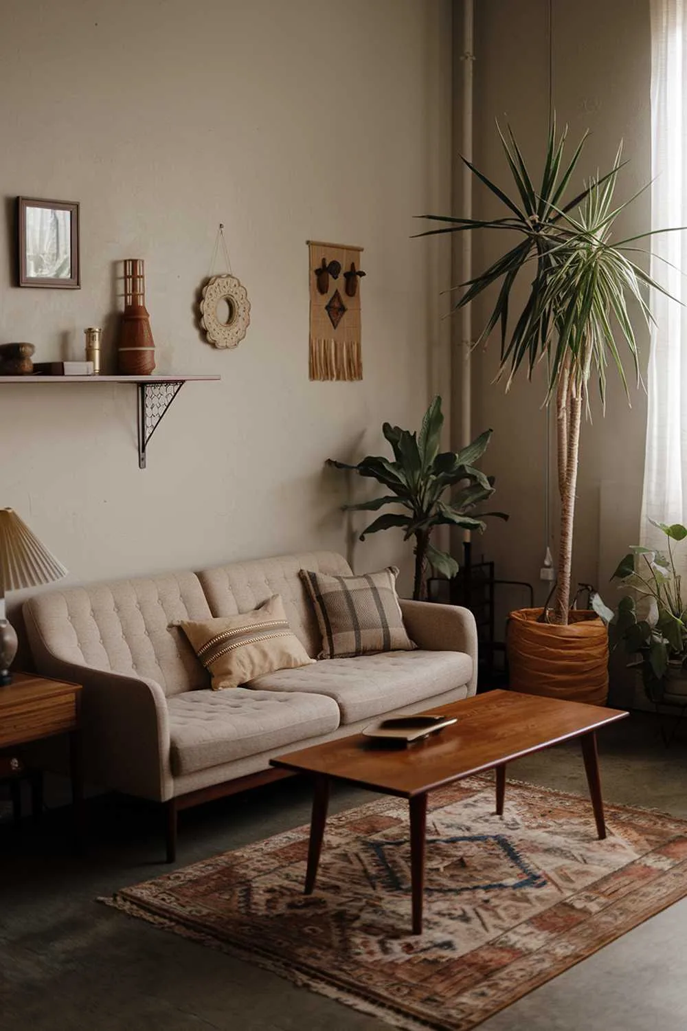 21 Modern Vintage Living Room Ideas: Classic Meets New 11 A vintage-modern living room decor. There's a beige sofa with a few throw pillows and a wooden coffee table in the middle of the room. Near the coffee table, there's a tall, potted plant. On the left wall, there's a shelf with a few decorative items, including a lamp. The room has a rug on the floor. The walls have a few hanging items, including a picture frame and a decorative object.