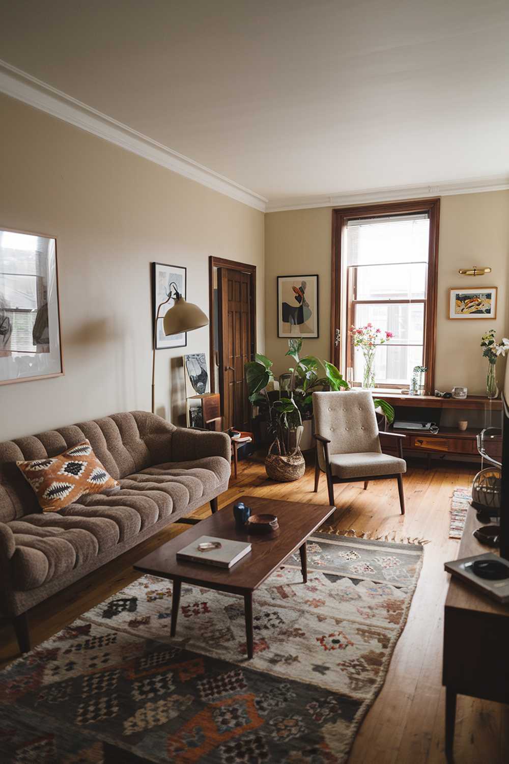 A vintage modern living room. There's a plush beige sofa with a patterned throw pillow. A wooden coffee table sits in front of the sofa, holding a few items. A mid-century modern chair with a woven basket sits in the corner. The room has a wooden floor and a patterned rug. The walls are painted beige and have a few pieces of art. There's a plant near the window. A floor lamp with a beige shade stands near the sofa. The room has a few personal items, such as a book on the coffee table and a vase with flowers on the wooden shelf near the window.