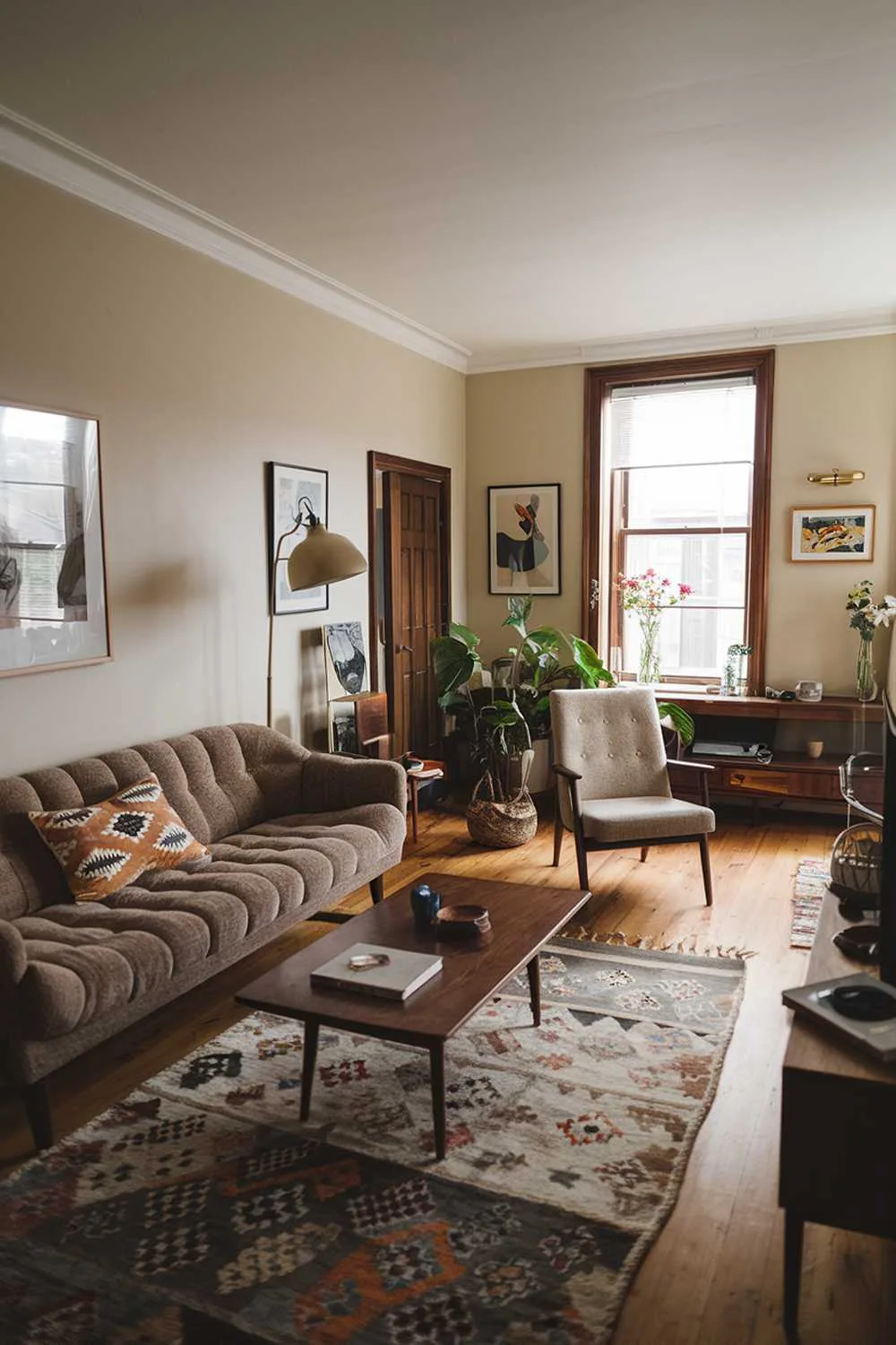 21 Modern Vintage Living Room Ideas: Classic Meets New 12 A vintage modern living room. There's a plush beige sofa with a patterned throw pillow. A wooden coffee table sits in front of the sofa, holding a few items. A mid-century modern chair with a woven basket sits in the corner. The room has a wooden floor and a patterned rug. The walls are painted beige and have a few pieces of art. There's a plant near the window. A floor lamp with a beige shade stands near the sofa. The room has a few personal items, such as a book on the coffee table and a vase with flowers on the wooden shelf near the window.