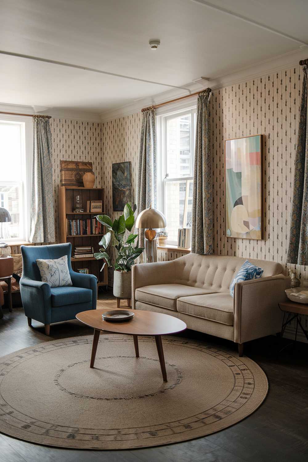 A vintage-modern living room with a beige sofa, a blue armchair, a wooden coffee table, and a round rug. There are also a few decorative items, including a potted plant, a lamp, and a bookshelf. The room has a patterned wallpaper and a few paintings on the walls.