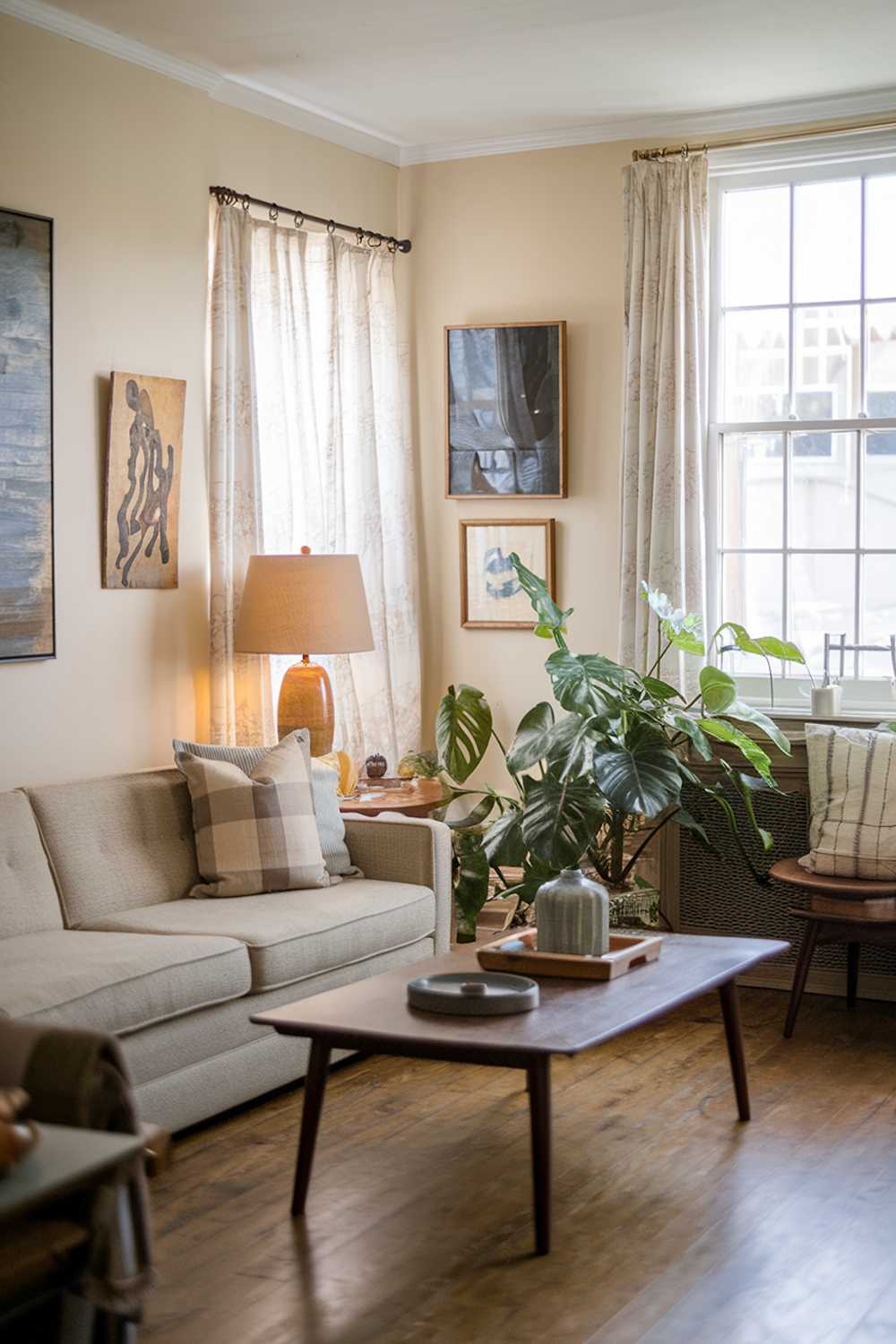 A vintage modern living room decor with a wide shot. The room has a beige sofa with a few pillows and a wooden coffee table in the middle. There's a green plant near the window. The walls are adorned with a few pieces of art. A lamp with a beige shade is placed on a side table. The flooring is hardwood.