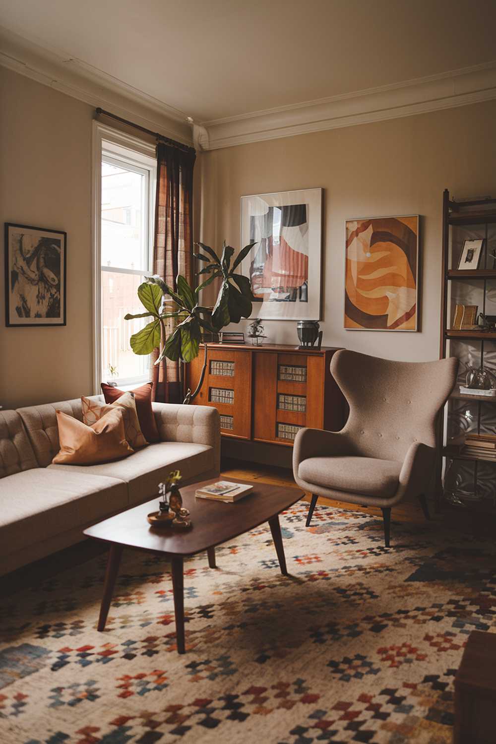 A vintage contemporary living room with a beige sofa and a gray chair. There's a wooden coffee table in the middle. The room has a patterned rug, a potted plant, and a bookshelf. The walls have a few pieces of art. The room has a warm ambiance.