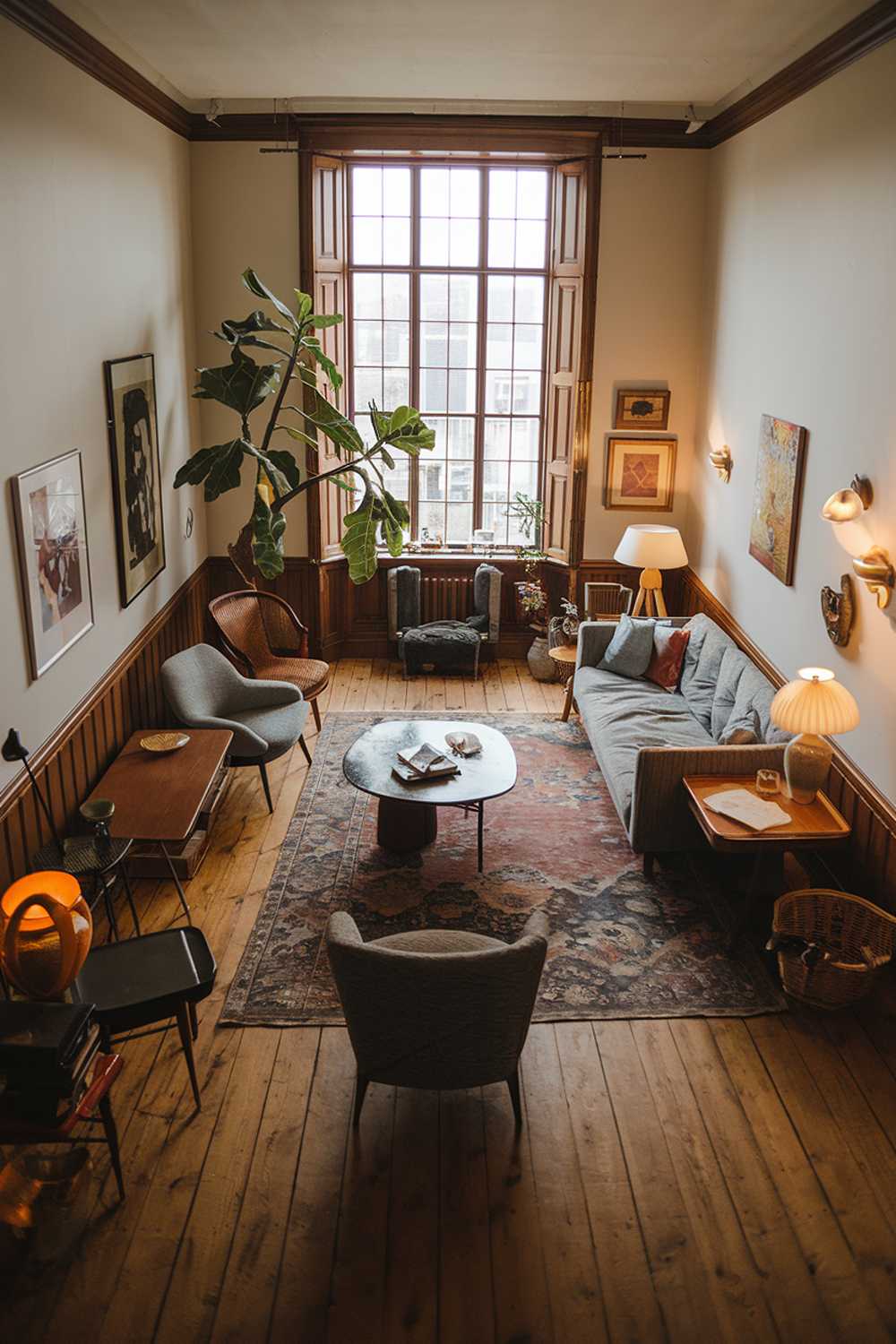 A vintage contemporary living room with a wooden floor. There is a sofa, a few chairs, and a few tables scattered around the room. There is a large plant near the window. The walls are adorned with several pieces of art. The room has a few personal items, such as a lamp, a vase, and a basket. The overall ambiance of the room is warm and inviting.