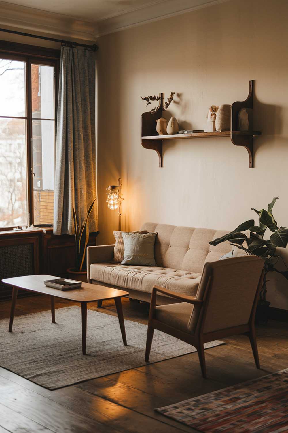 A vintage contemporary living room. There is a beige sofa with a few cushions. A wooden coffee table sits in front of the sofa. A potted plant is placed on the side of the sofa. A beige chair with a wooden backrest is placed near the sofa. A wooden shelf with a few decorative items is mounted on the wall above the sofa. The room has a wooden floor and a few rugs. A large window with a curtain is on the left. The room has warm lighting.