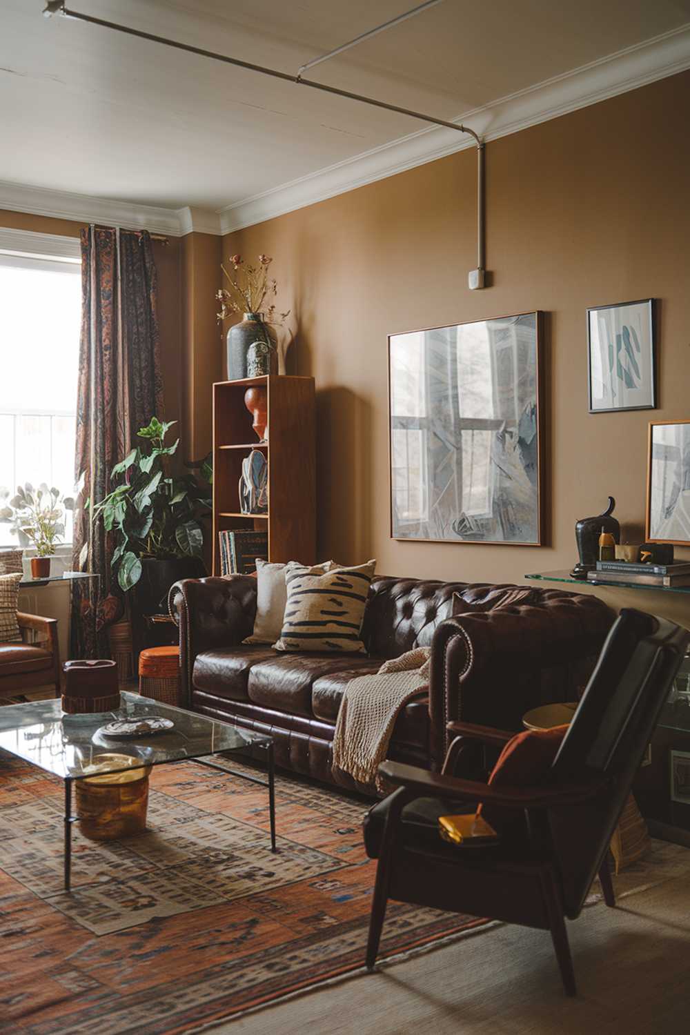 A vintage contemporary living room with a cozy atmosphere. The room has a warm color palette with beige walls and a dark brown leather sofa. There's a patterned rug on the floor, a few throw pillows on the sofa, and a few decorative items on a side table. The room also has a few pieces of modern furniture, including a glass coffee table and a wooden bookshelf. There's a plant in the corner. The lighting is soft.