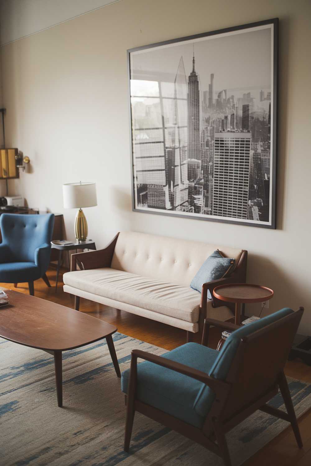 A modern vintage living room decor. There's a beige sofa with wooden legs and a few pillows. There's a blue chair with a round table next to the sofa. There's a wooden coffee table in front of the sofa. On the wall, there's a large, framed artwork with a black and white photo of a city. There's a lamp on the side table next to the blue chair. The floor is hardwood.