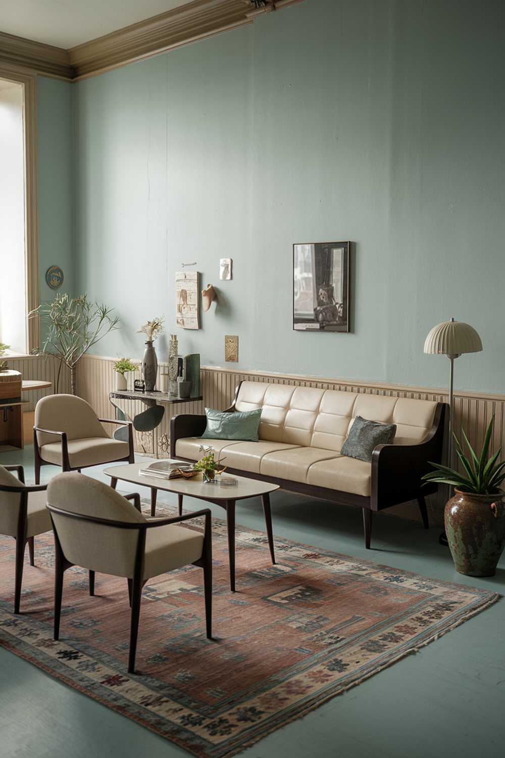 A modern vintage living room decor. The room features a beige couch with dark wooden legs, a few chairs, a coffee table, and a lamp. There's a vintage-style rug on the floor. The walls are painted in a light blue hue. There's a plant in a ceramic pot near the couch. The room has a few decorative items, including a picture frame, a vase, and a small table. The lighting is soft.