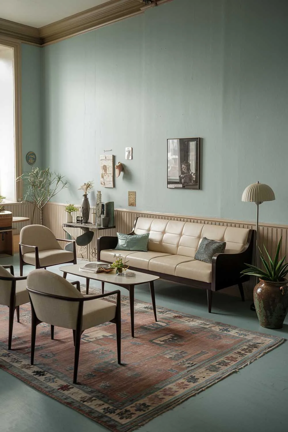 21 Modern Vintage Living Room Ideas: Classic Meets New 20 A modern vintage living room decor. The room features a beige couch with dark wooden legs, a few chairs, a coffee table, and a lamp. There's a vintage-style rug on the floor. The walls are painted in a light blue hue. There's a plant in a ceramic pot near the couch. The room has a few decorative items, including a picture frame, a vase, and a small table. The lighting is soft.