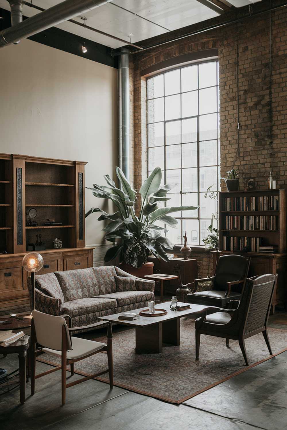 A modern vintage living room with a vintage industrial aesthetic. The room has a high ceiling, exposed brick walls, and a large window. There's a sofa with a patterned fabric, a few chairs, a coffee table, and a bookshelf. A large potted plant is placed near the window. The room has wooden elements, such as the coffee table and the bookshelf. There's a vintage lamp on the sofa. The floor is made of concrete.