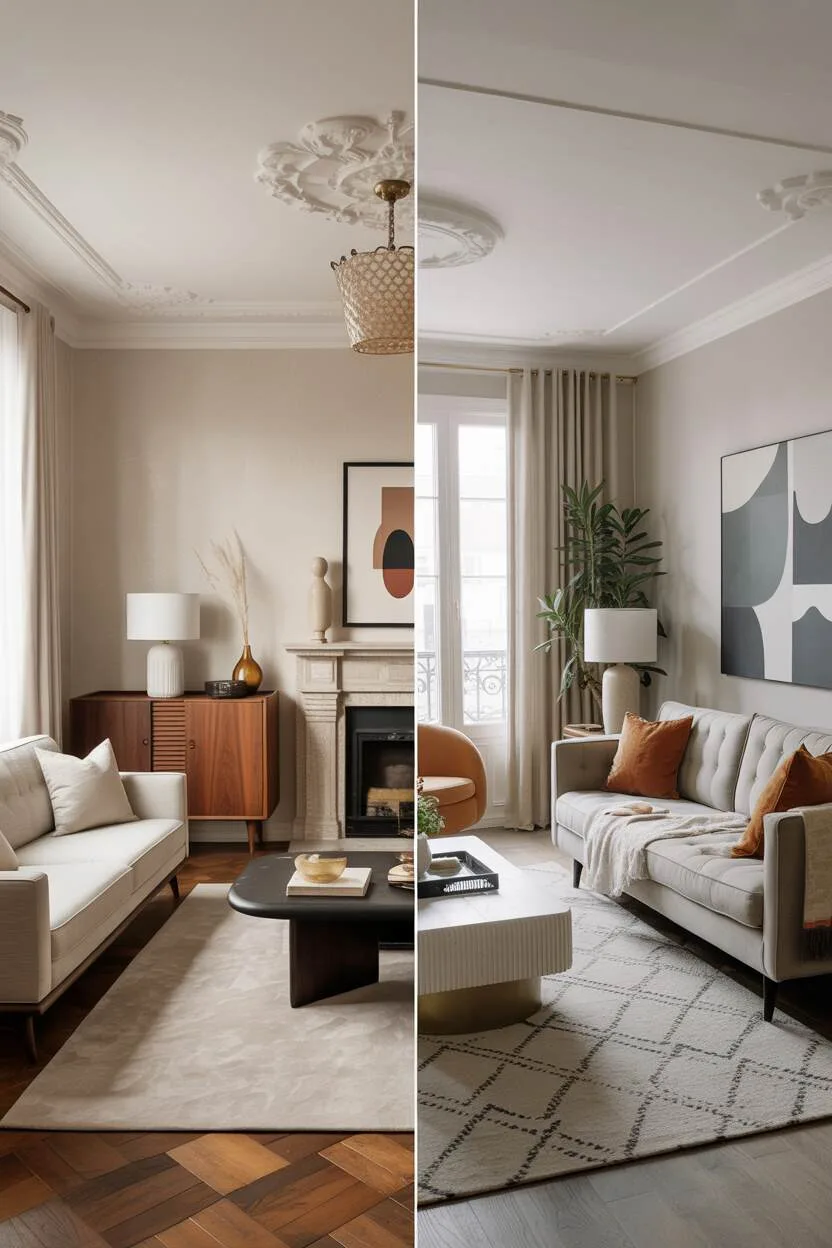 What is Modern Style Interior Design? Discover Its Benefits 6 Side-by-side comparison of modern and contemporary living spaces showing key style differences.