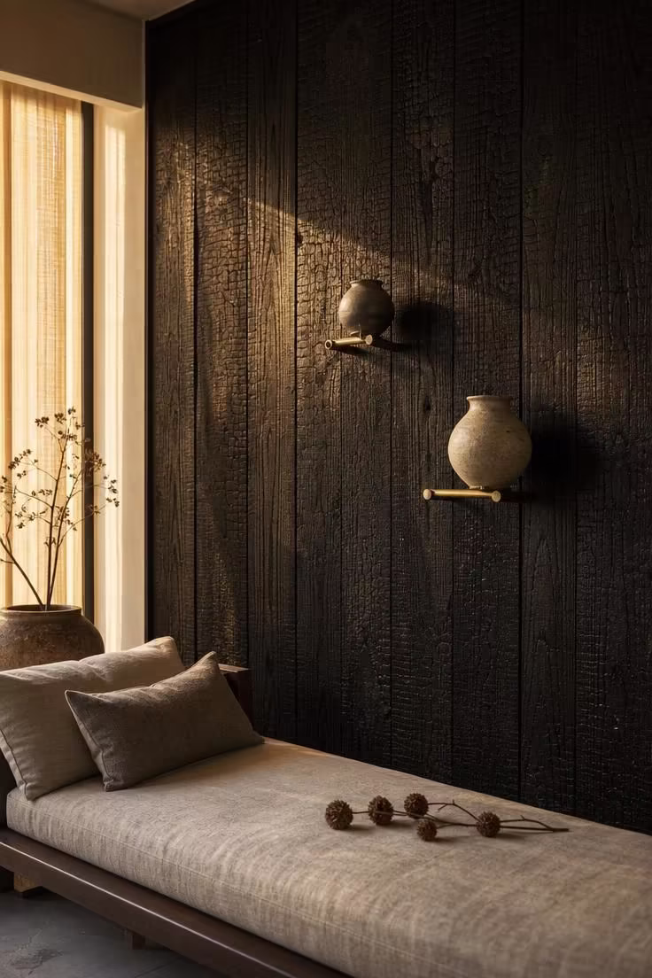 13 Modern Wabi Sabi Ideas That Feel Warm and Lived-In 1 Charcoal shou sugi ban accent wall with brass shelf pins holding stoneware vessels in a modern wabi sabi living room