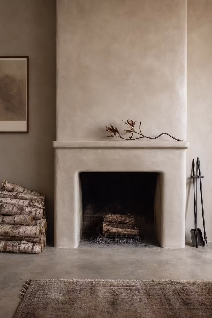 13 Modern Wabi Sabi Ideas That Feel Warm and Lived-In 2 Tadelakt plaster fireplace surround in warm putty with dried magnolia branch and iron fire tools