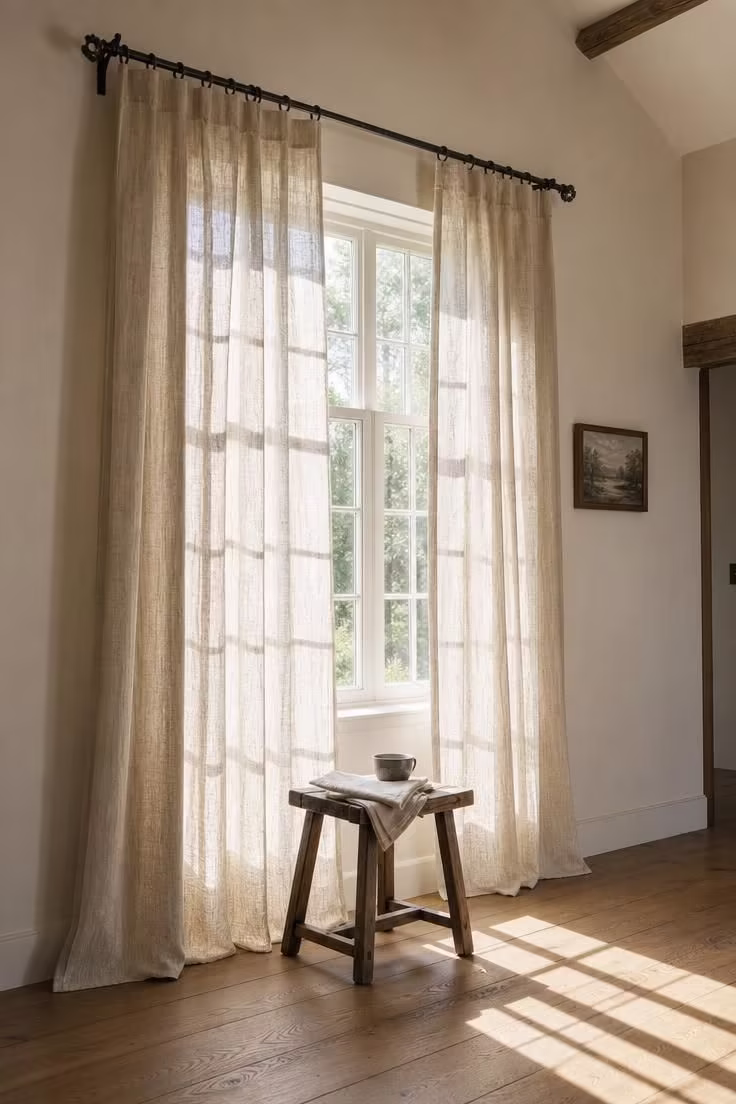 13 Modern Wabi Sabi Ideas That Feel Warm and Lived-In 3 Hand-forged iron curtain rod holding undyed hemp drapes with bright midday light casting shadows on an oak floor