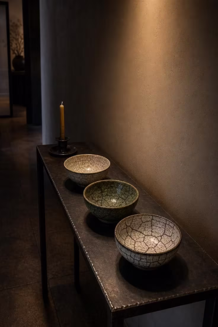 13 Modern Wabi Sabi Ideas That Feel Warm and Lived-In 4 Three cracked raku tea bowls with varied glazes displayed on a blackened steel console table in moody low light
