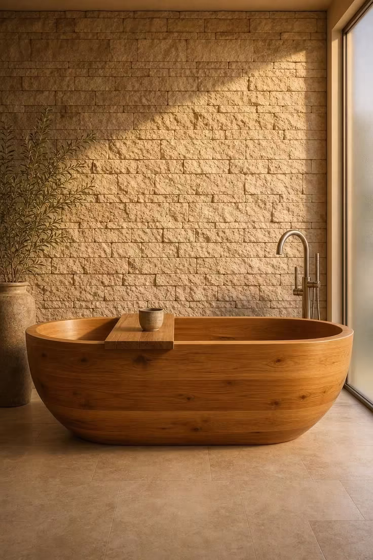 13 Modern Wabi Sabi Ideas That Feel Warm and Lived-In 5 Freestanding cypress soaking tub in front of a split-face travertine accent wall with warm golden light