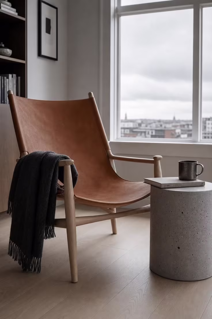 13 Modern Wabi Sabi Ideas That Feel Warm and Lived-In 6 Vegetable-tanned leather sling chair beside a cast-concrete side table with a pewter mug in diffused natural light