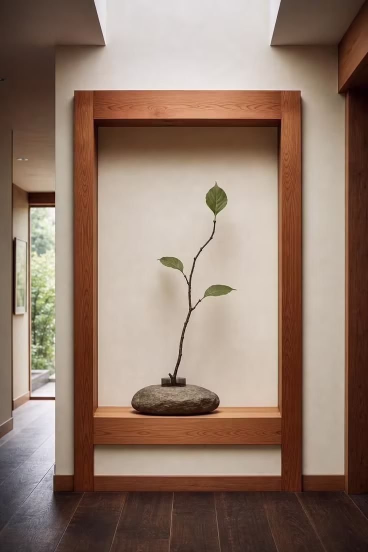 13 Modern Wabi Sabi Ideas That Feel Warm and Lived-In 7 Cedar tokonoma wall alcove displaying a single ikebana branch on a rough stone base in soft diffused light