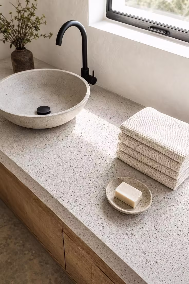 13 Modern Wabi Sabi Ideas That Feel Warm and Lived-In 8 Honed pumice stone countertop with matte black faucet and handwoven cotton towels in a bright modern bathroom