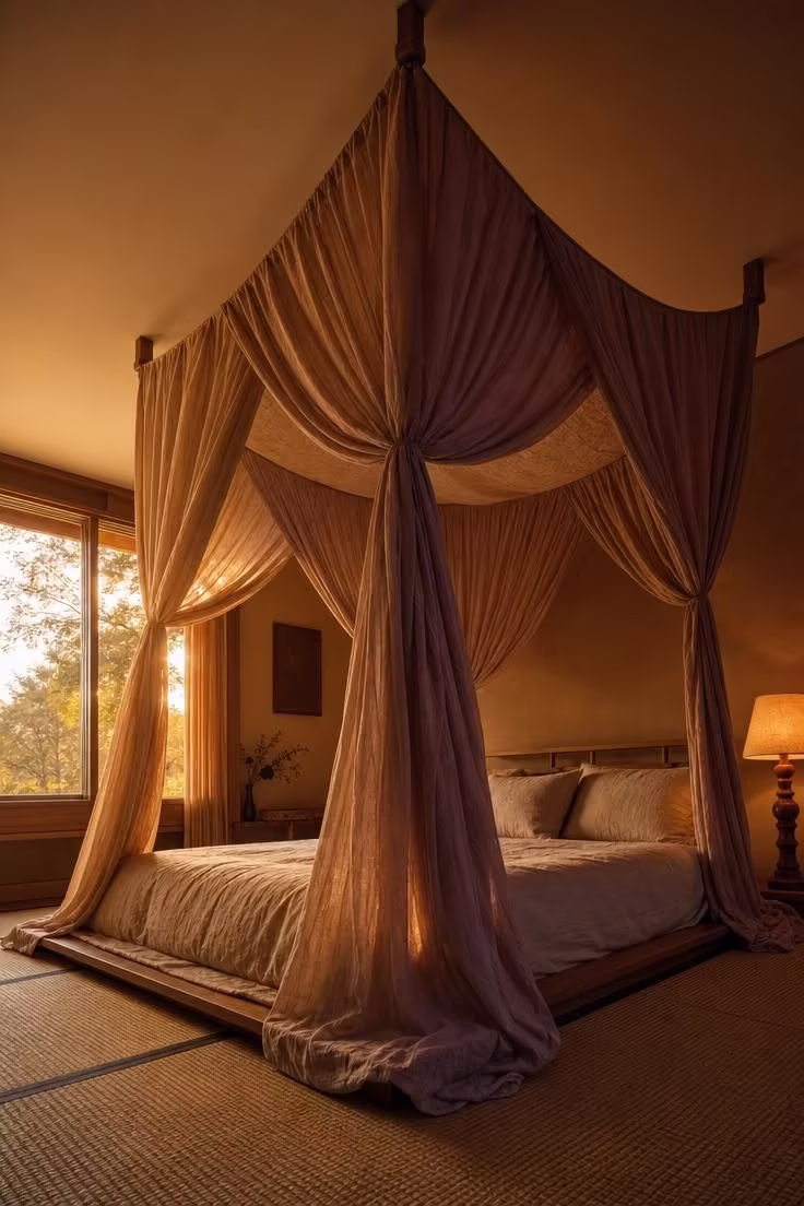 13 Modern Wabi Sabi Ideas That Feel Warm and Lived-In 9 Mushroom-dyed linen bed canopy in warm amber tones draped over a low tatami platform bed at golden hour